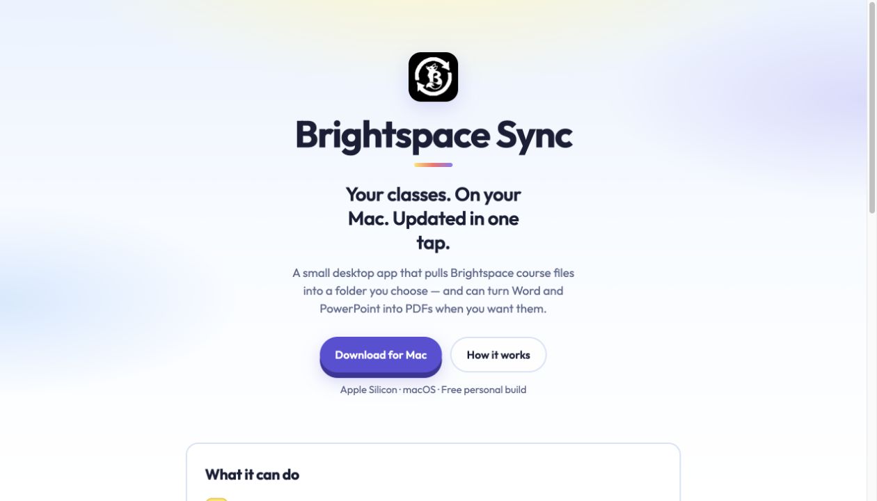 Brightspace Sync landing page showing the Mac download and course-file workflow