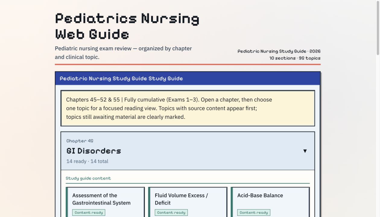 Pediatrics Nursing Web Guide showing chapter and clinical-topic navigation